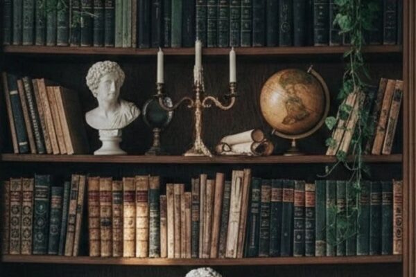Full bookshelves lined with books in a warmly lit independent bookstore